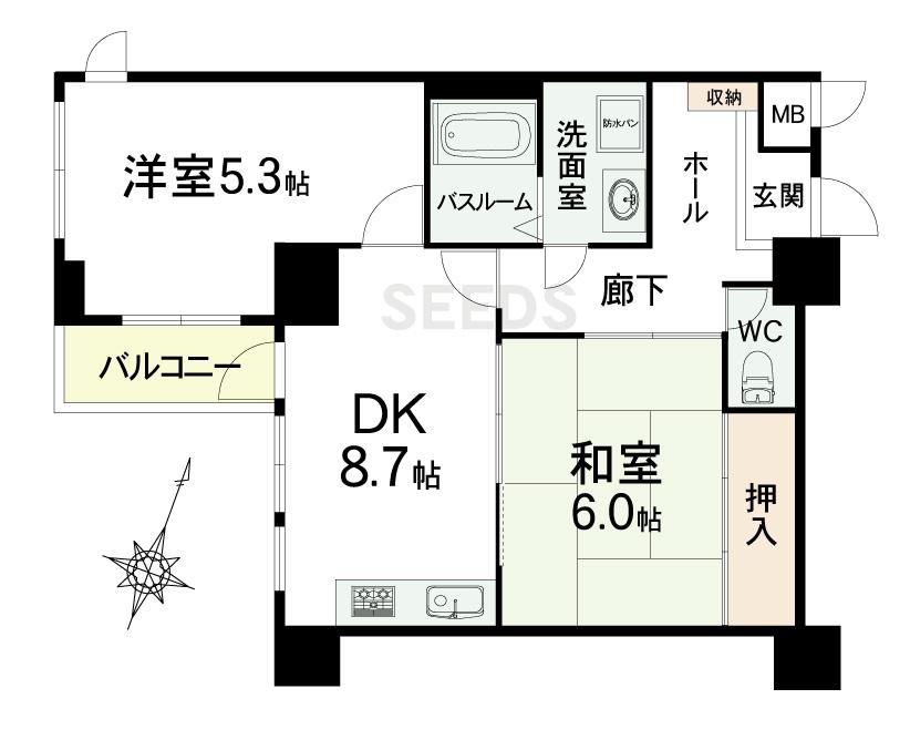 Floor plan. 2DK, Price 14 million yen, Occupied area 51.31 sq m , Balcony area 5 sq m