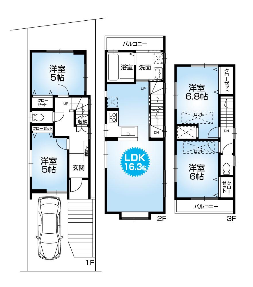 Floor plan. 35,800,000 yen, 4LDK, Land area 68.34 sq m , Building area 93.64 sq m loose quires LDK16.3!  Loft 2 months ownership!  Two-sided balcony! 