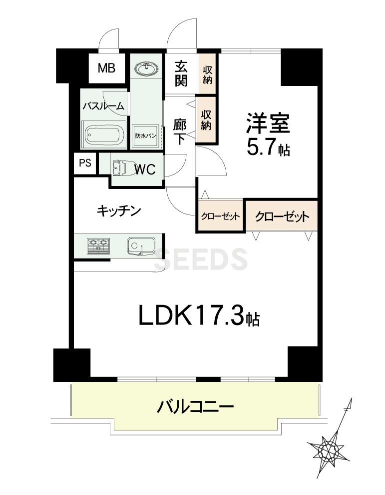 Floor plan. 1LDK, Price 19.6 million yen, Occupied area 52.14 sq m , Balcony area 8.77 sq m