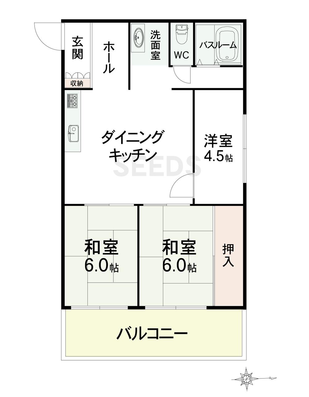 Floor plan. 3DK, Price 9.5 million yen, Occupied area 46.15 sq m , Balcony area 11.34 sq m