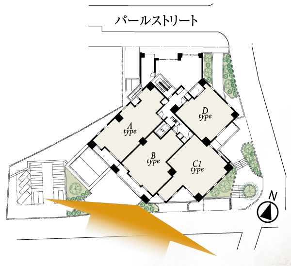 Features of the building.  [Land Plan] While taking advantage of the terrain of the three-way corner lot, More adopted the light from the south, In order to increase the openness, Place a residential building to be a south-facing center. Also it has excellent privacy resistance at the corner dwelling unit rate of 70% or more (residential building layout diagram)