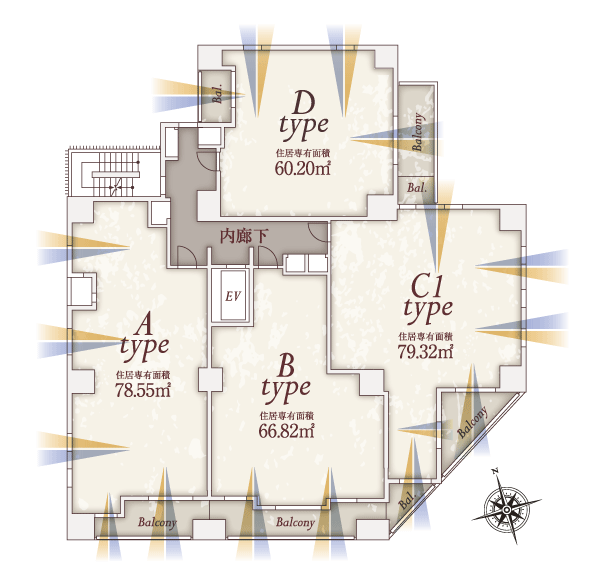 Room and equipment. Corner dwelling unit ・ South-facing Type A ・ C type lighting of ・ Sufficiently secure the gouty. Calm in uptown, Elegant mansion that wears the dignity, To achieve the peaceful and prosperous life (floor layout)