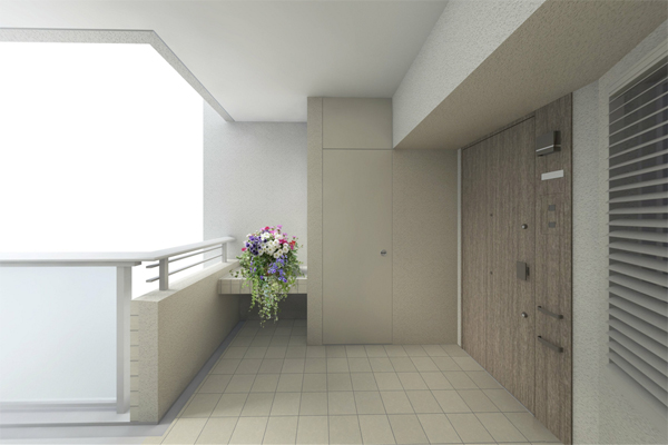 Features of the building.  [Premium porch] You greeted appear when the private residence sense premium pouch and an elevator (lift) ※ A ・ Except C type (Rendering CG)
