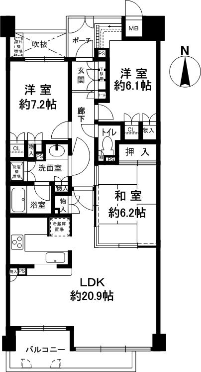 Floor plan. 3LDK, Price 32,800,000 yen, Occupied area 88.31 sq m , Balcony area 10.58 sq m
