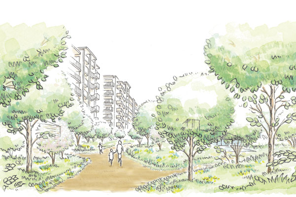Features of the building.  [The way of the tree leakage yang] Rich site that trees planted. It is exactly the feeling that between the trees building is. Alley dare By the curve, More natural landscape has been created (Rendering Illustration)