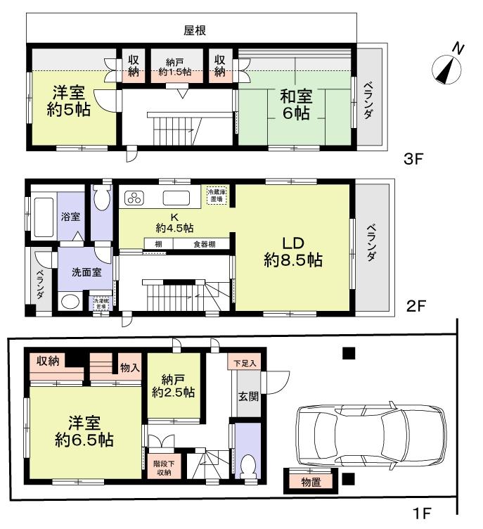 Floor plan. 47,800,000 yen, 3LDK + S (storeroom), Land area 75.15 sq m , Building area 108.81 sq m 3SLDK + high roof vehicles Allowed