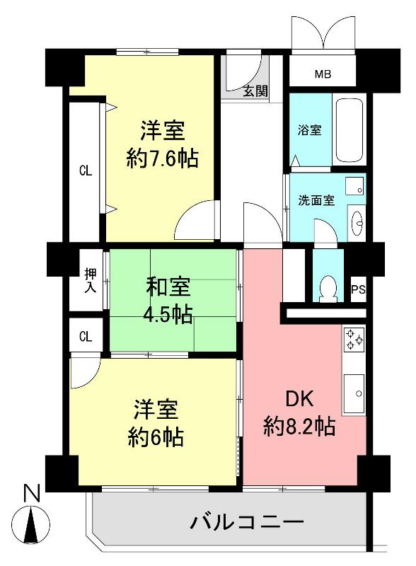 Floor plan. 3DK, Price 13,900,000 yen, Occupied area 64.32 sq m , Balcony area 7.89 sq m