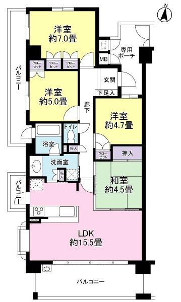Floor plan. 4LDK, Price 25,800,000 yen, Occupied area 81.35 sq m , Balcony area 23.09 sq m 4LDK type Southwest Corner room