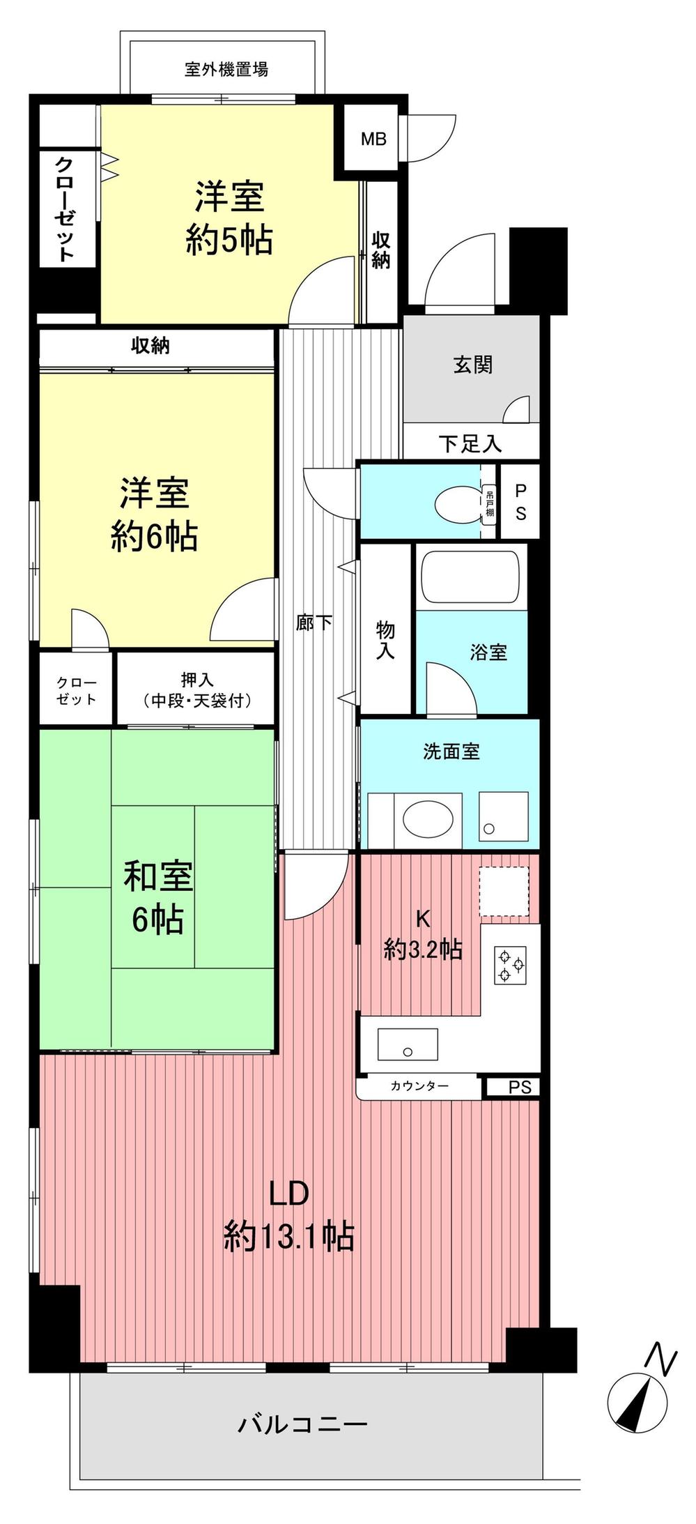 Floor plan. 3LDK, Price 35,900,000 yen, Occupied area 76.25 sq m , Balcony area 7.39 sq m