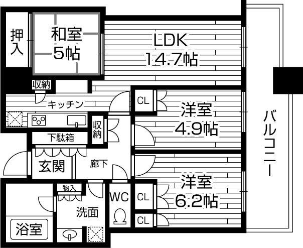 Floor plan. 3LDK, Price 46,800,000 yen, Occupied area 73.48 sq m , Balcony area 14.38 sq m