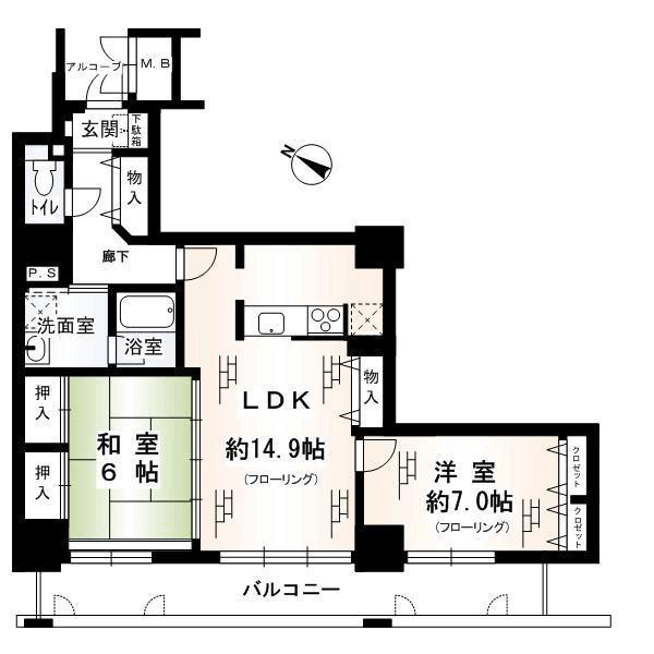 Floor plan. 2LDK, Price 35,800,000 yen, Occupied area 68.83 sq m , Balcony area 14.23 sq m