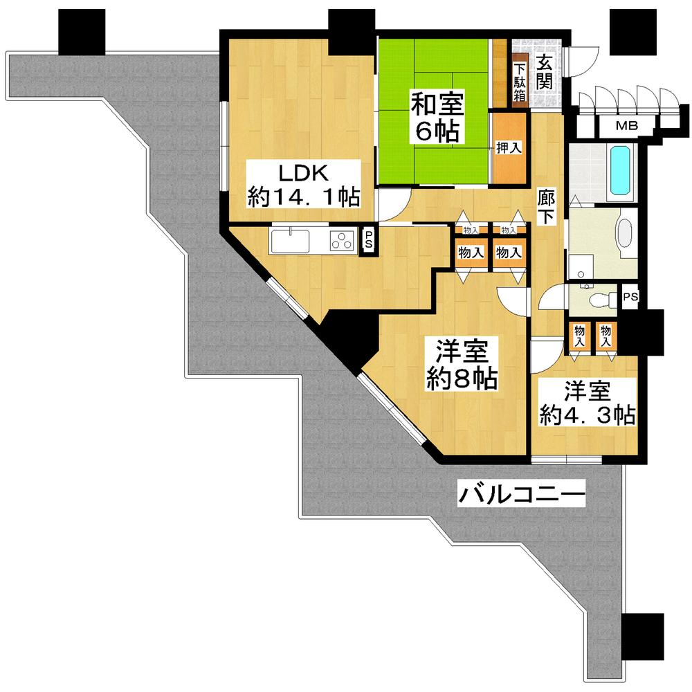 Floor plan. 3LDK, Price 14.8 million yen, Occupied area 85.28 sq m , Balcony area 42.3 sq m