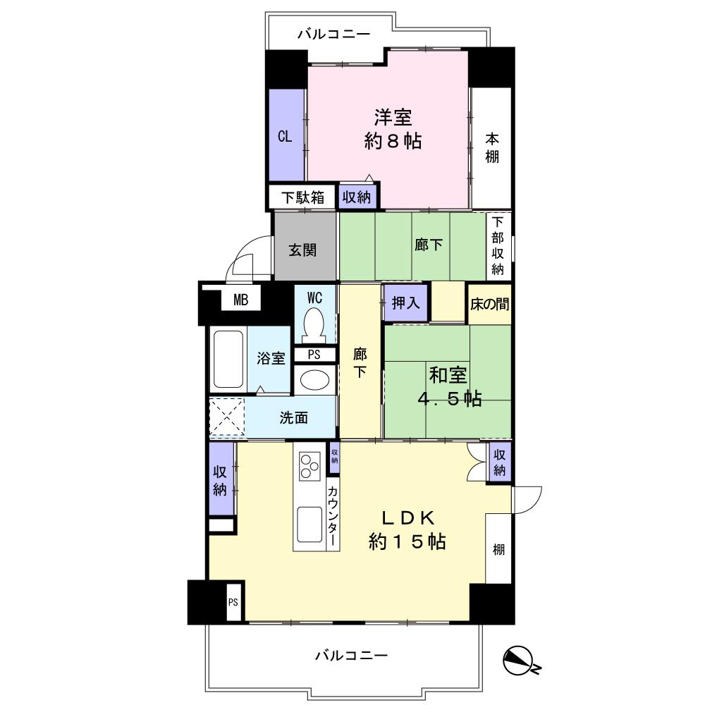 Floor plan. 2LDK, Price 14.9 million yen, Occupied area 74.86 sq m , Balcony area 15.19 sq m