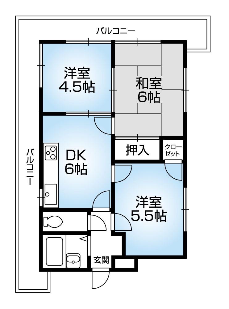 Floor plan. 3DK, Price 9 million yen, Occupied area 42.92 sq m , Balcony area 16 sq m bright three direction room!