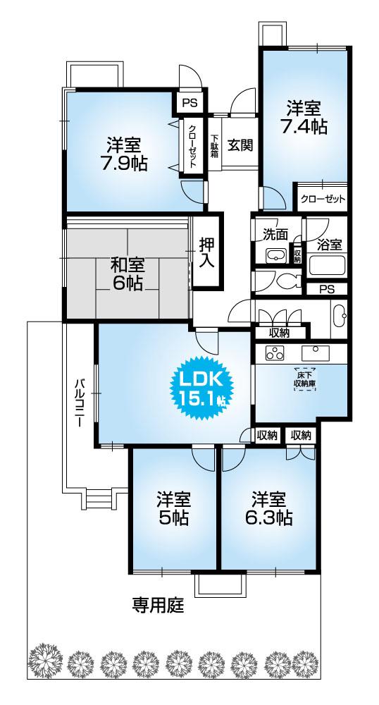 Floor plan. 5LDK, Price 21,800,000 yen, Footprint 108.01 sq m , Balcony area 7.28 sq m spacious 108.01 sq m 5LDK Floor! Private garden 37.97 sq m !