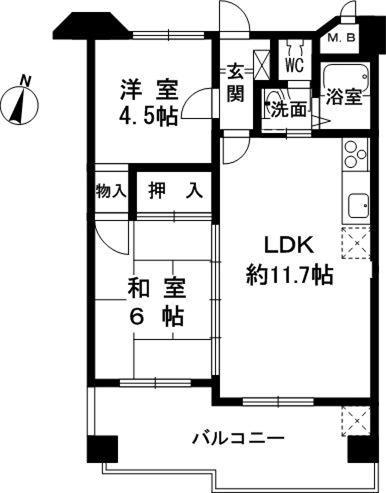 Floor plan. 2LDK, Price 14.8 million yen, Occupied area 45.58 sq m , Balcony area 10.47 sq m
