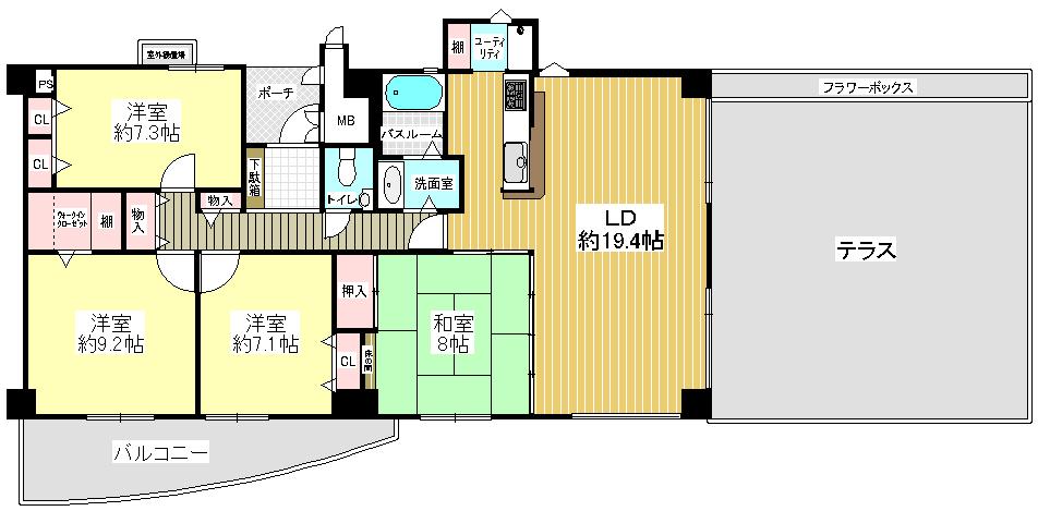 Floor plan. 4LDK, Price 32,500,000 yen, Footprint 119.07 sq m , Spacious floor plan of the balcony area 11.39 sq m 119.07 sq m. Each room is more than 7 Pledge, Facing the living east side there is a terrace of about 51 sq m.