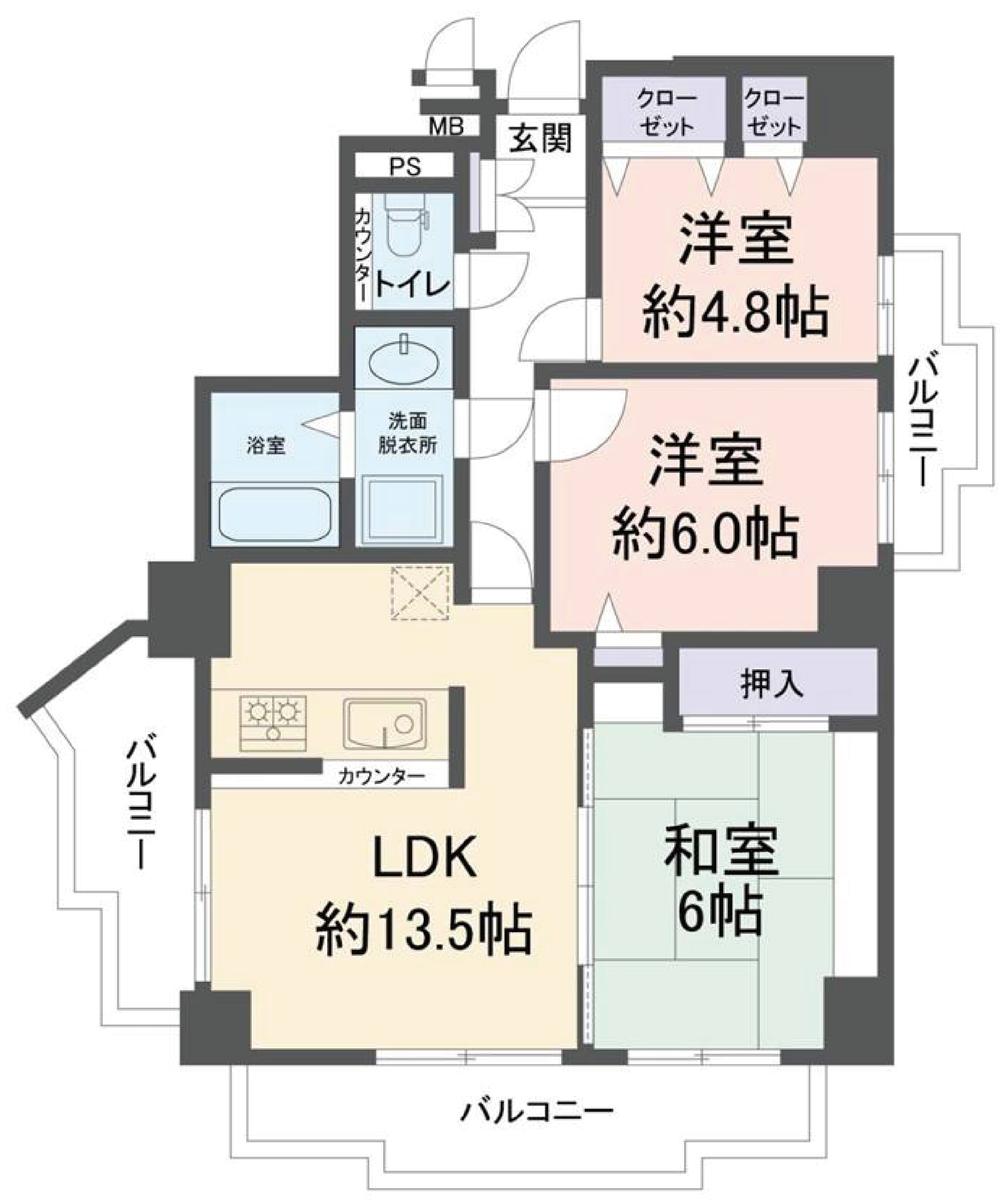 Floor plan. 3LDK, Price 24,800,000 yen, Occupied area 66.54 sq m , Balcony area 17.77 sq m