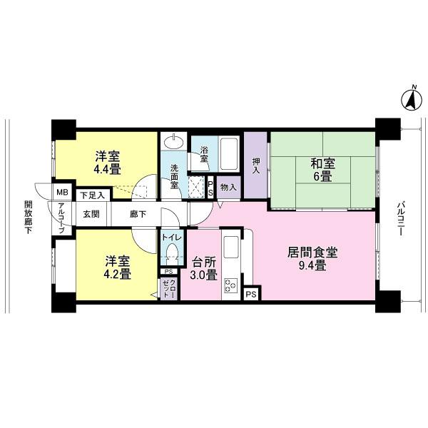 Floor plan. 3LDK, Price 12.8 million yen, Occupied area 60.82 sq m , Balcony area 8.7 sq m floor plan