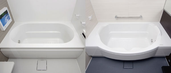 Bathing-wash room.  [Bathtub] Tub You can choose from two types. Semi-circular bathtub to draw a gentle curve, With step can enjoy sitz bath. Also straight tub, Pursue the simple beauty of taking advantage of the configuration of a surface ( ※ Select is the deadline, Free of charge. For more information, please contact the person in charge / Same specifications)
