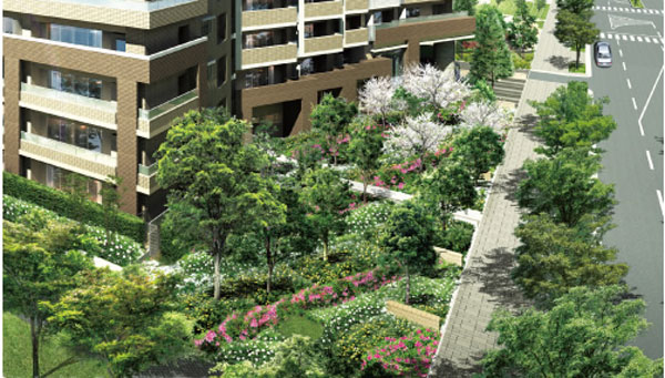 Shared facilities.  [Forest yard] Between the road and the residential building, Forest yard to create a gentle boundary. In addition to planting trees that brilliant in every season, Such as placing the shrub in stripes, It produces an impressive green landscape. Is the symbolism and sense of rhythm a garden (Rendering)