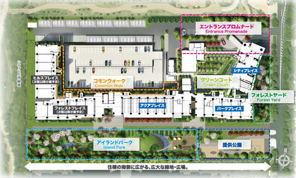 Features of the building.  [Land Plan] Vast green space is the width of about 30m which spreads out on the south side. In addition to, Courtyards and tree-lined streets, Also it has become a functional site deployment plan that shared facilities, such as all five buildings residential building each of the charm of is felt (land plan view)
