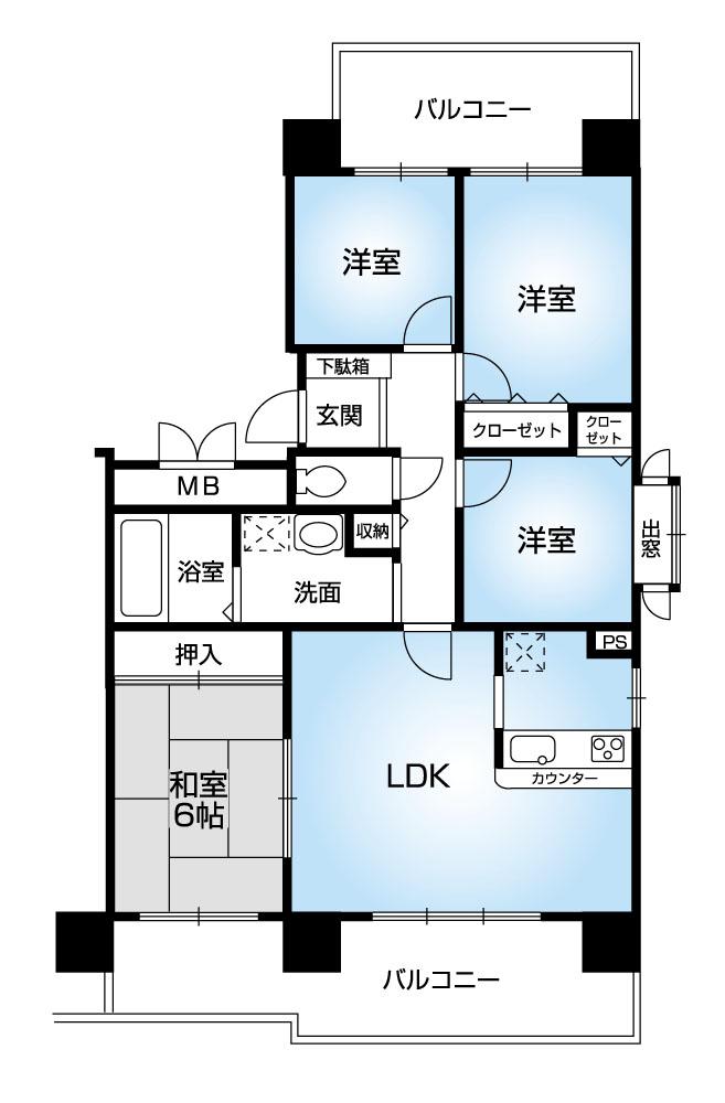 Floor plan. 4LDK, Price 16.8 million yen, Occupied area 84.95 sq m , Balcony area 26.22 sq m bright south-facing! North-south two-sided balcony!