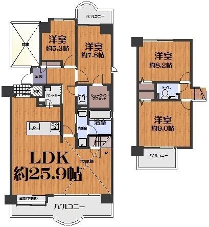 Floor plan. 4LDK, Price 41,800,000 yen, Footprint 123.21 sq m , Balcony area 20.55 sq m maisonette. Toilet on the second floor ・ There is a wash basin.