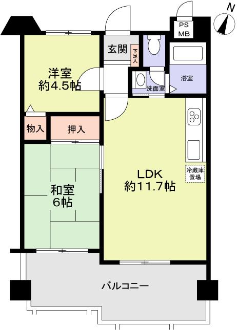 Floor plan. 2LDK, Price 14.8 million yen, Occupied area 45.58 sq m , Balcony area 10.47 sq m