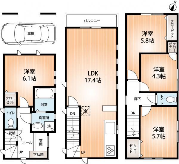 Floor plan. 42,800,000 yen, 4LDK, Land area 43.68 sq m , Building area 103.05 sq m