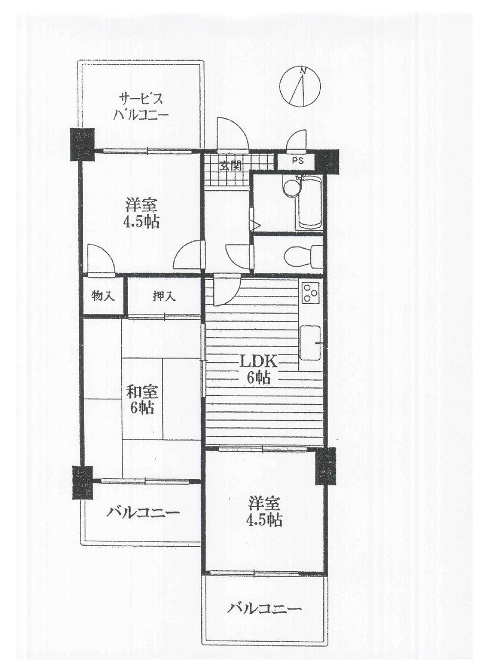 Floor plan. 3DK, Price 6.8 million yen, Occupied area 43.44 sq m , Balcony area 7.25 sq m