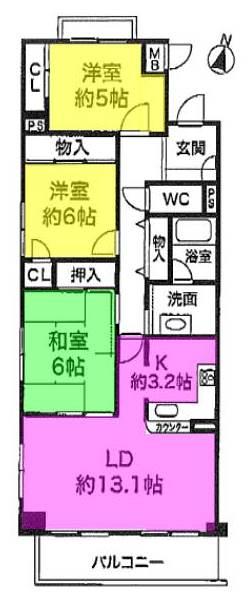 Floor plan. 3LDK, Price 35,900,000 yen, Occupied area 76.25 sq m , Balcony area 7.39 sq m