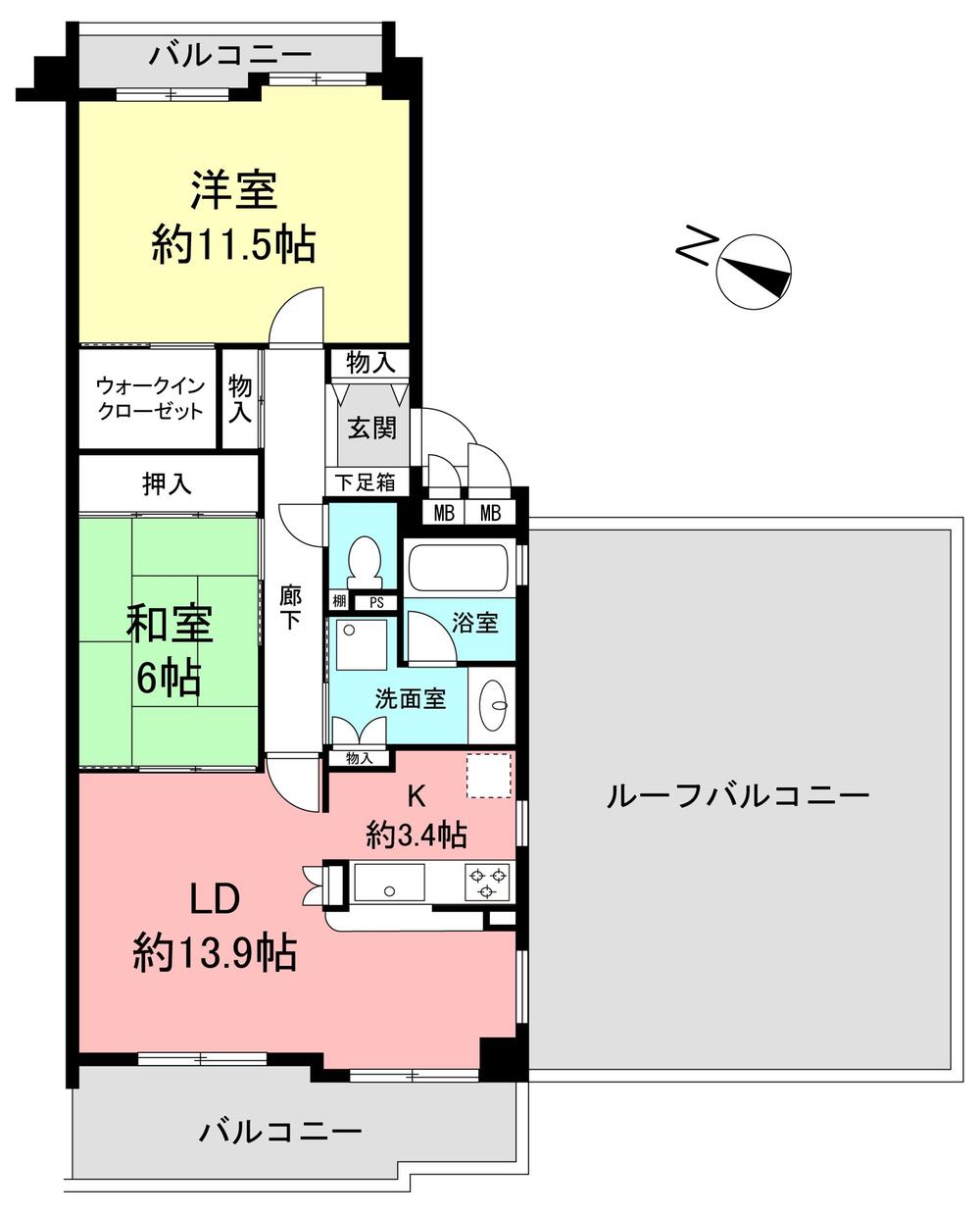 Floor plan. 2LDK, Price 24,900,000 yen, Occupied area 80.94 sq m , Balcony area 14.55 sq m