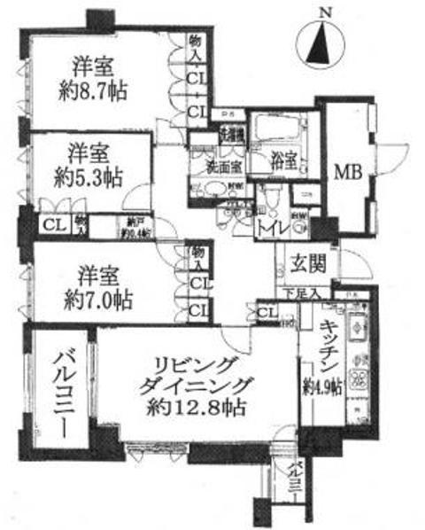 Floor plan. 3LDK, Price 22 million yen, Occupied area 94.68 sq m footprint 94.68 square meters (registry) Indoor requires renovation.
