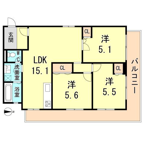 Floor plan. 3LDK, Price 14.9 million yen, Occupied area 73.34 sq m , Balcony area 20.16 sq m