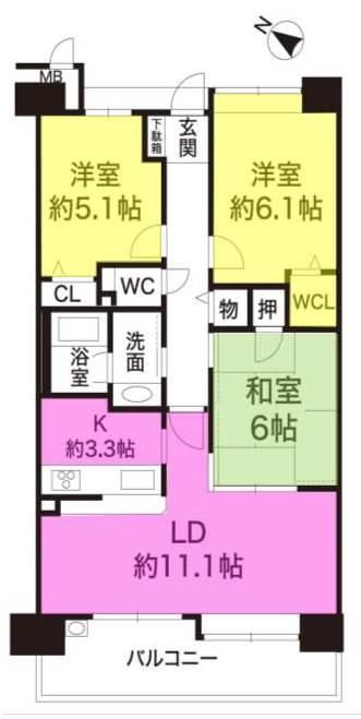 Floor plan. 3LDK, Price 31,800,000 yen, Footprint 68.2 sq m , Balcony area 10.54 sq m