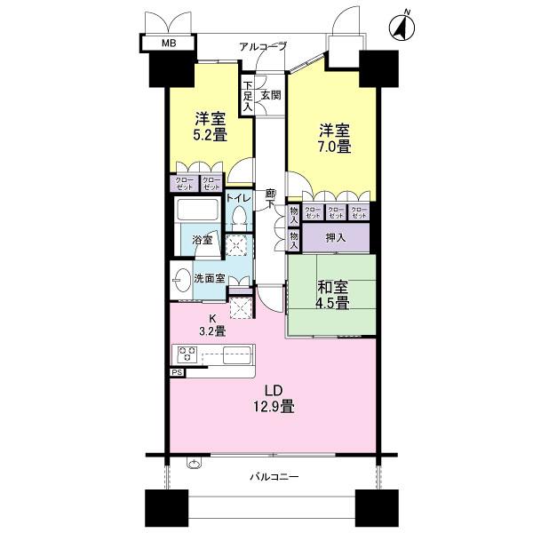 Floor plan. 3LDK, Price 30,800,000 yen, Occupied area 74.82 sq m , Balcony area 11.97 sq m