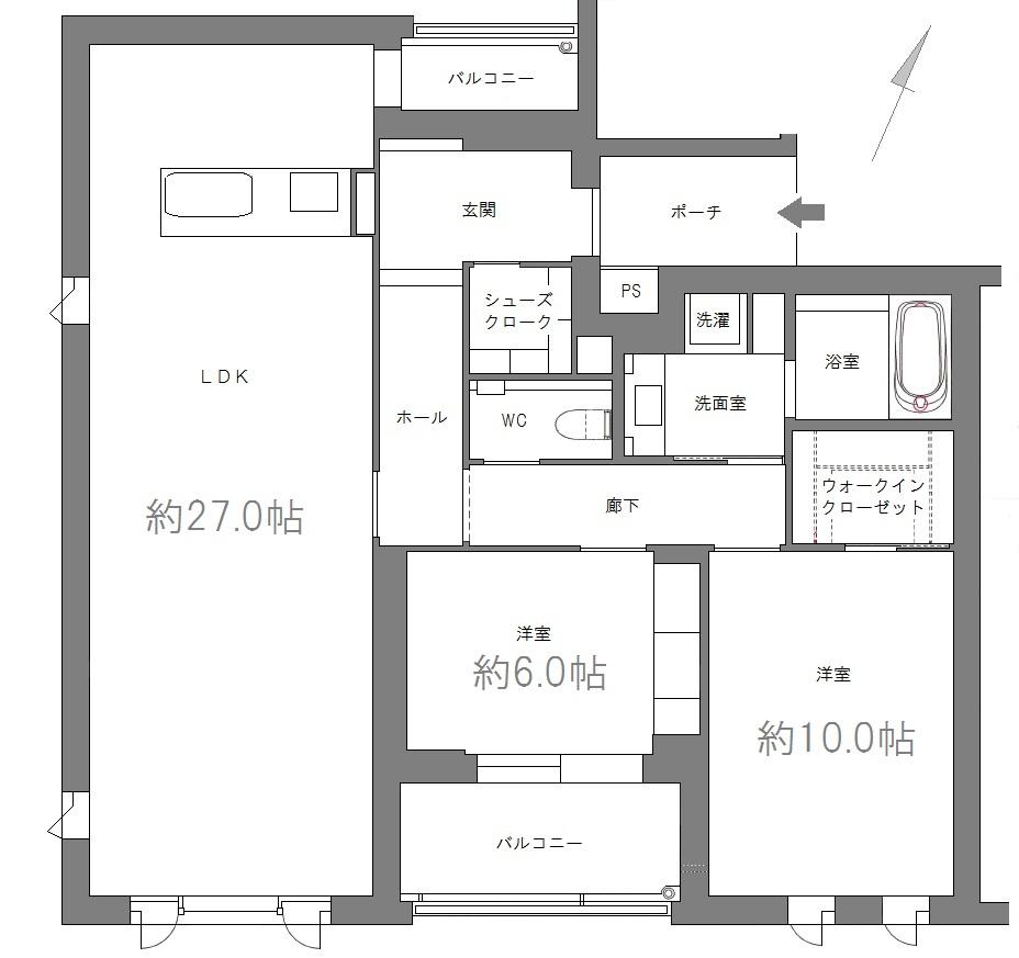 Floor plan. 2LDK, Price 77,800,000 yen, Footprint 104.98 sq m , Balcony area 9.84 sq m