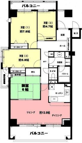Floor plan. 4LDK, Price 24,900,000 yen, Occupied area 93.78 sq m , Balcony area 18.74 sq m