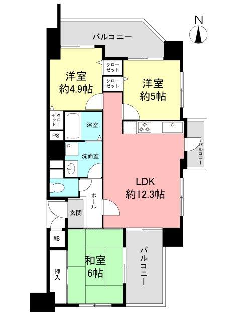 Floor plan. 3LDK, Price 13,900,000 yen, Occupied area 64.64 sq m , Balcony area 17.12 sq m