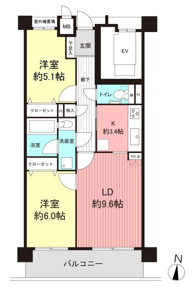 Floor plan. 2LDK, Price 22,900,000 yen, Occupied area 57.16 sq m , Balcony area 8.7 sq m