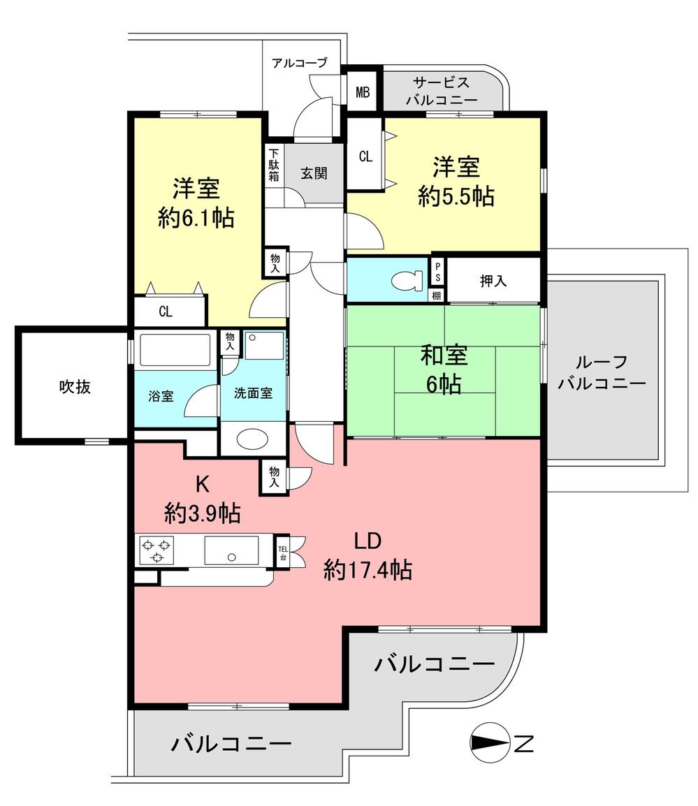 Floor plan. 3LDK, Price 33,800,000 yen, Occupied area 84.37 sq m , Balcony area 10.63 sq m