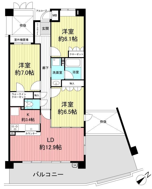 Floor plan. 3LDK, Price 38,800,000 yen, Occupied area 79.46 sq m , Balcony area 29.85 sq m