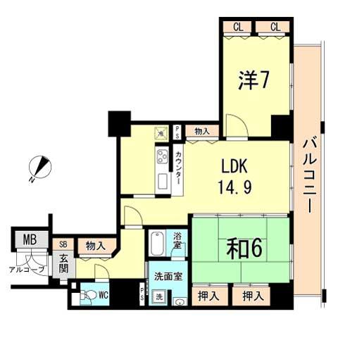 Floor plan. 2LDK, Price 35,800,000 yen, Occupied area 68.83 sq m , Balcony area 14.23 sq m
