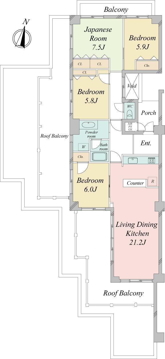Floor plan. 4LDK, Price 30,800,000 yen, Footprint 105.66 sq m , Balcony area 6.72 sq m   ■ Occupied area: 105.66 sq m (center line of wall)  ■ Roof balcony area: 49.68 sq m