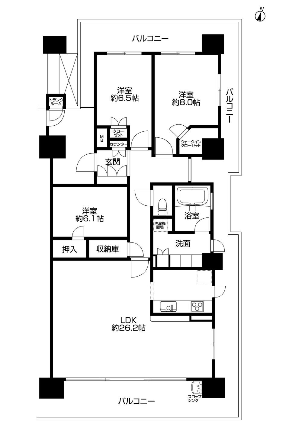 Floor plan. 3LDK, Price 35,800,000 yen, Footprint 105.54 sq m , Balcony area 53.93 sq m