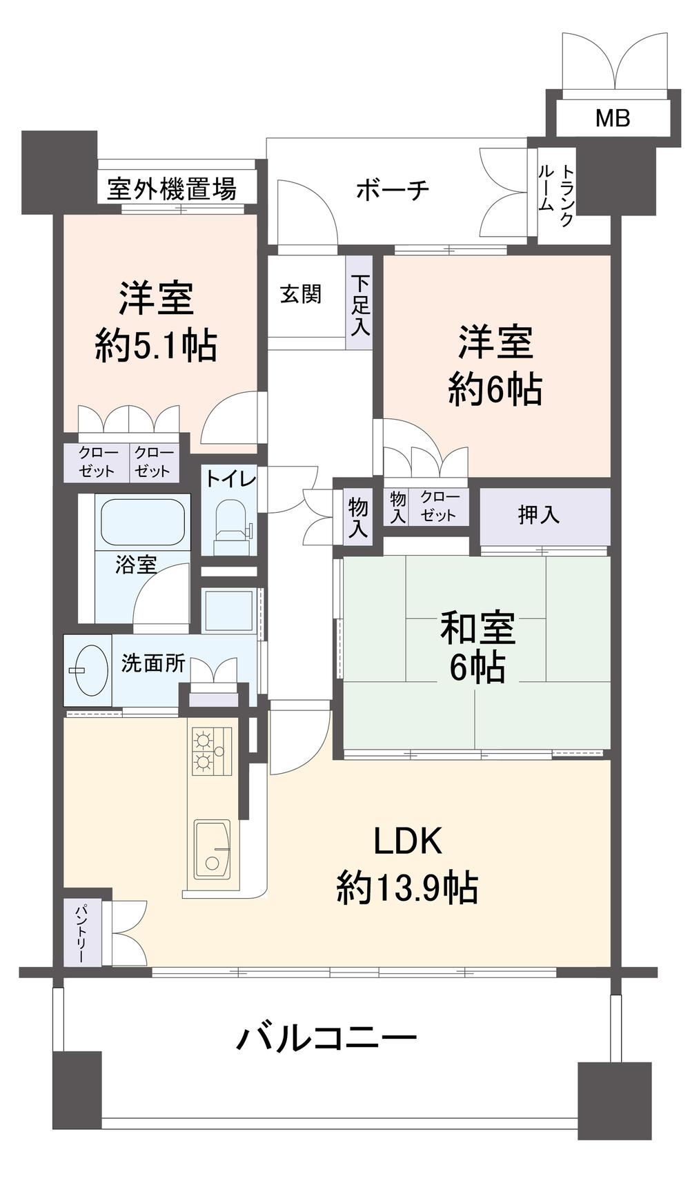 Floor plan. 3LDK, Price 27,800,000 yen, Occupied area 72.81 sq m , Balcony area 14.4 sq m