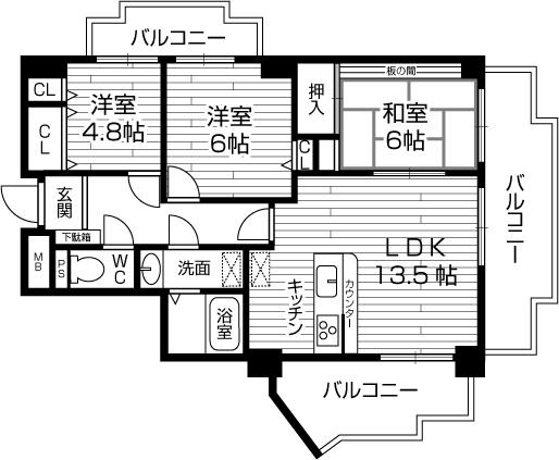 Floor plan. 3LDK, Price 24,800,000 yen, Occupied area 66.54 sq m , Balcony area 17.77 sq m three direction room of the bright rooms