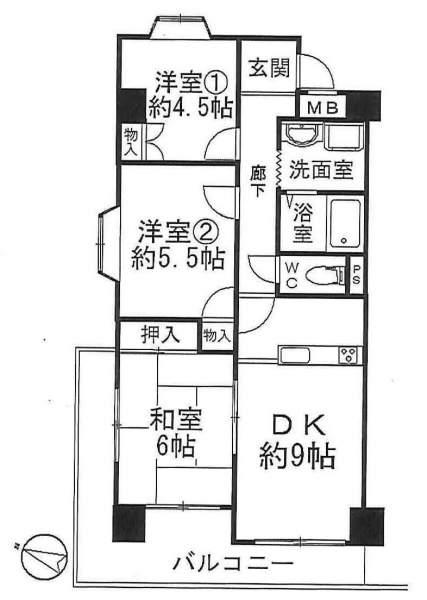 Floor plan. 3DK, Price 15.9 million yen, Occupied area 57.12 sq m , Balcony area 12.9 sq m