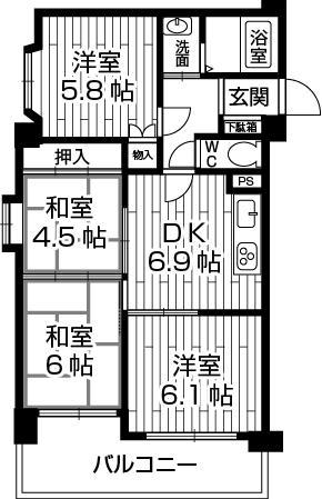 Floor plan. 4DK, Price 12.5 million yen, Occupied area 60.41 sq m , Balcony area 9.16 sq m southwest angle room of bright rooms